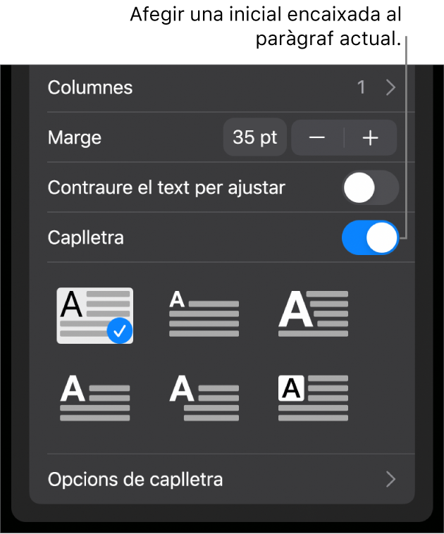 Els controls de Caplletra, ubicats a la part inferior del menú Text.