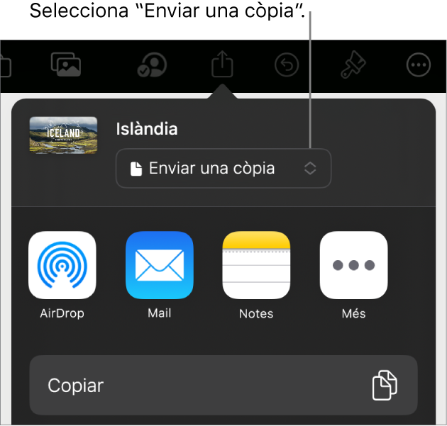 Menú “Compartir” amb l’opció “Enviar una còpia” seleccionada a la part superior.