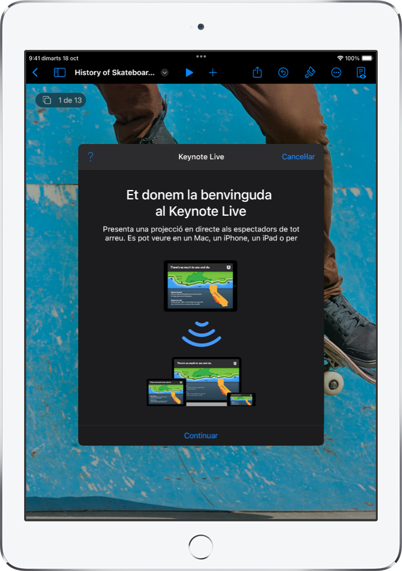 Una finestra que presenta el Keynote Live amb el botó Continuar a la part inferior.