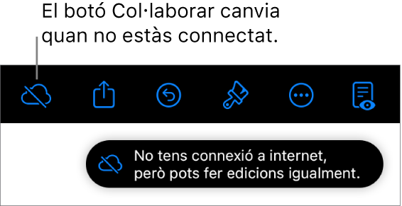 Els botons a la part superior de la pantalla, amb el botó "Col·laboració" canviat a un núvol amb una línia diagonal a sobre. Una alerta a la pantalla amb el missatge “No tens connexió a internet, però pots fer edicions igualment”.