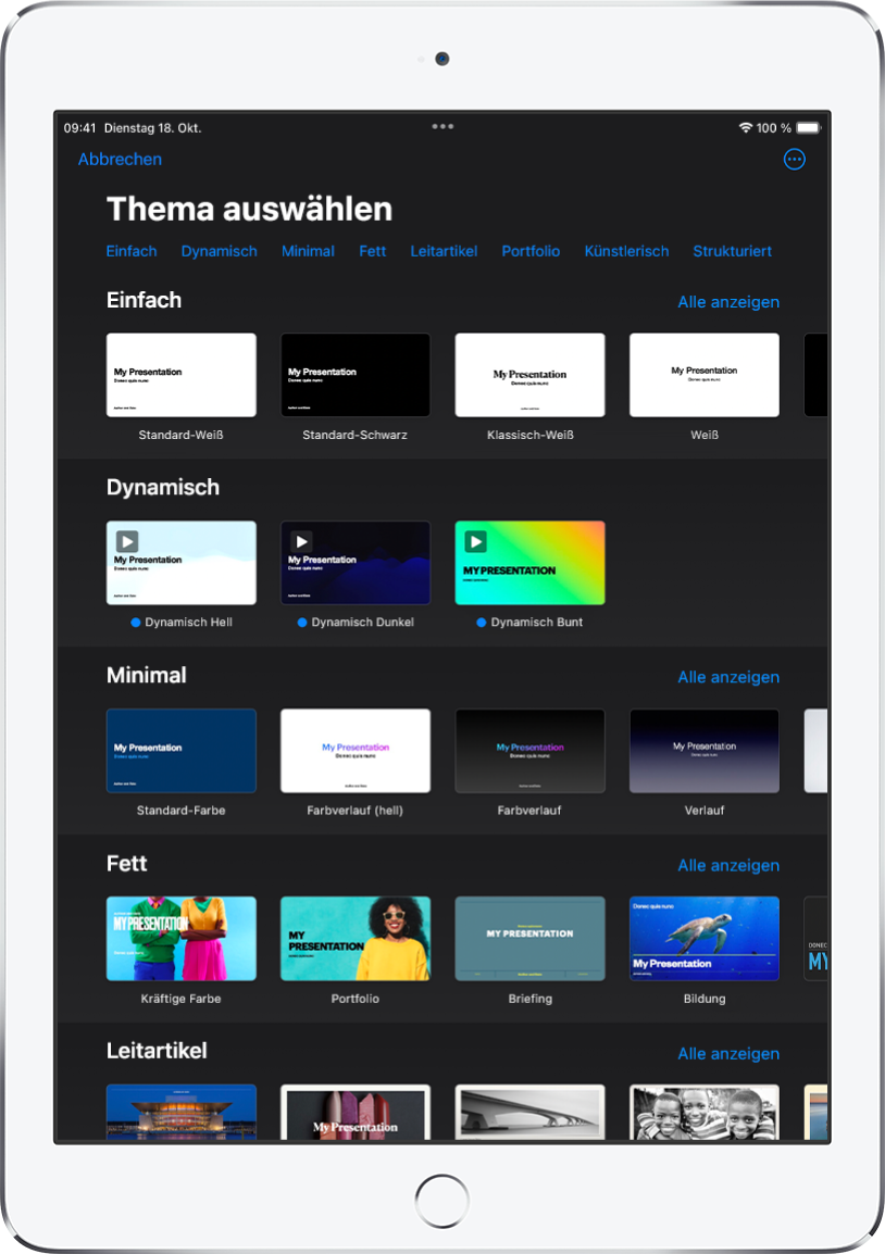 Die Themenauswahl zeigt oben eine Zeile mit Kategorien, auf die du tippen kannst, um die Optionen zu filtern. Darunter sind Miniaturen der vordefinierten Themen in Zeilen nach Kategorie sortiert.