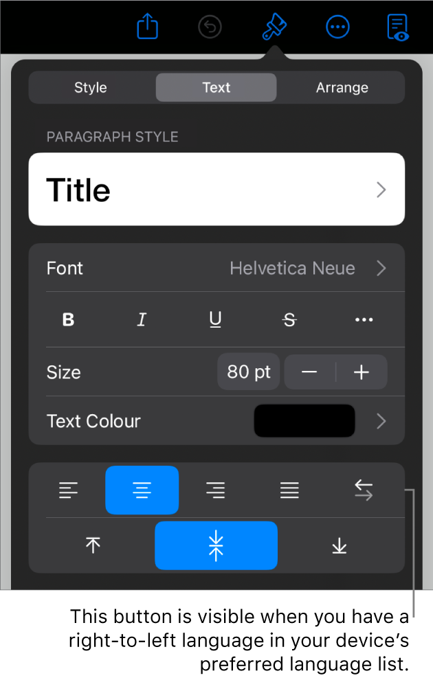 Text controls in the Format menu, with a call-out to the Left to Right button.