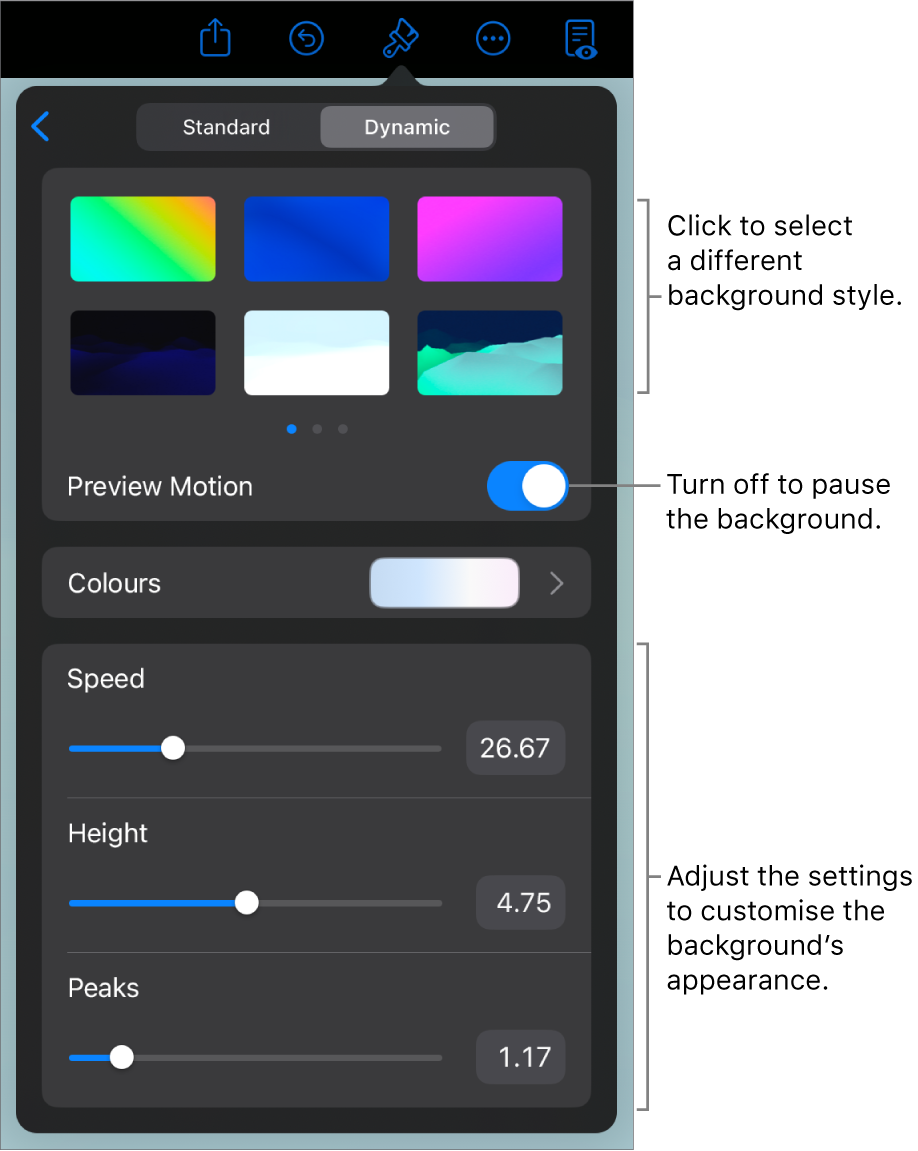 The dynamic background controls with the background style thumbnails, Preview Motion button and customisation controls displayed.