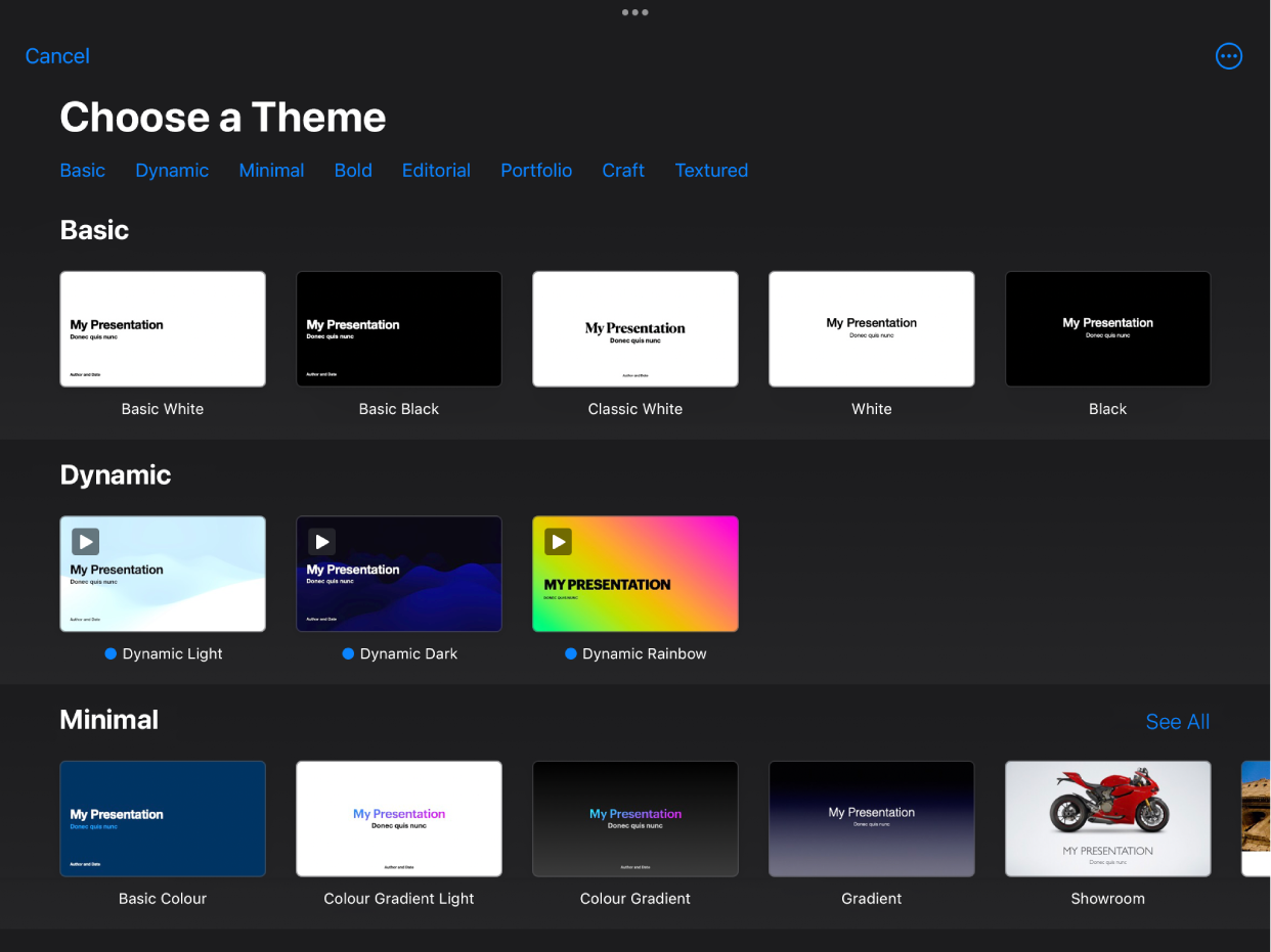 The theme chooser, showing a row of categories across the top that you can tap to filter the options. Below are thumbnails of pre-designed themes arranged in rows by category.