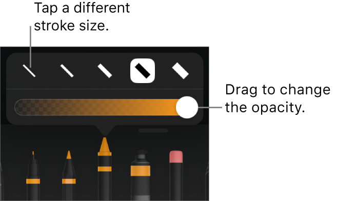 Controls for choosing a stroke size and a slider for adjusting the opacity.