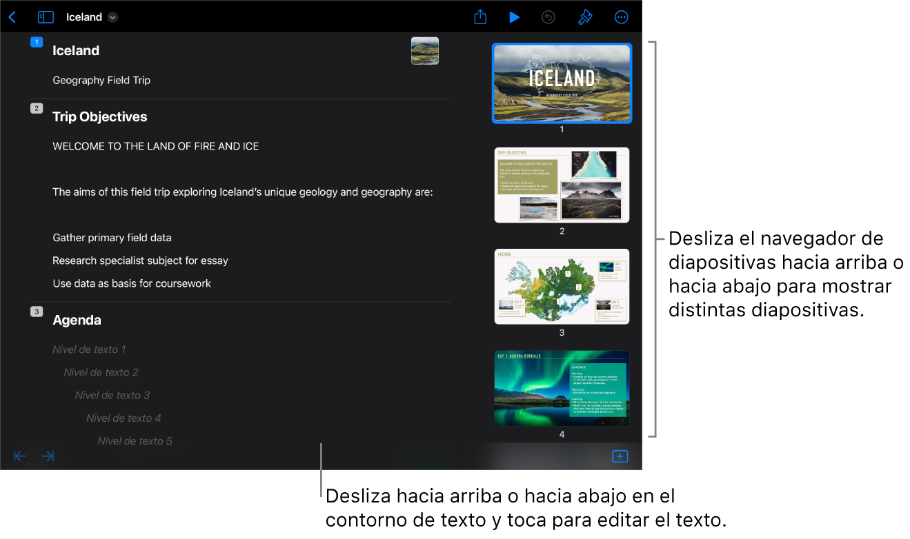 Vista de esquema con el esquema de texto de una presentación en el lado izquierdo de la pantalla y el navegador de diapositivas vertical en el lado derecho.