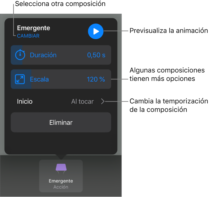 Las opciones de composición incluyen los tiempos de Duración e Inicio. Toca Cambiar para seleccionar otra composición o toca Previsualización para previsualizar la composición.