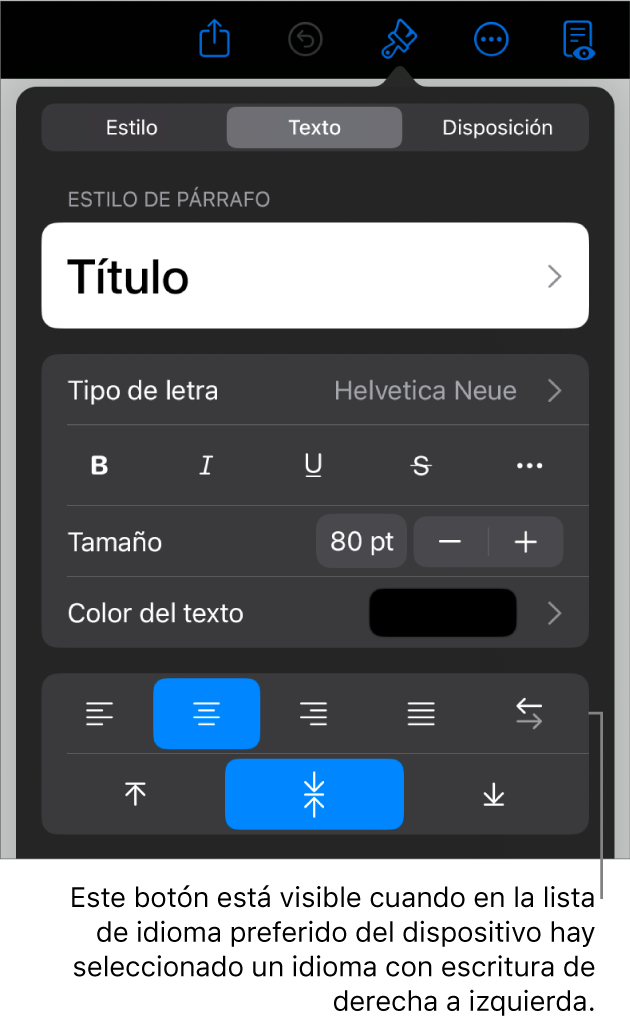 Controles de texto del menú Formato con una llamada al botón “De izquierda a derecha”.