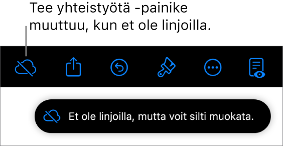 Näytön yläreunassa olevat painikkeet, joista Yhteistyö-painike on muuttunut pilven kuvaksi, jonka läpi menee vinottainen viiva. Näytöllä näkyvässä ilmoituksessa lukee ”Et ole linjoilla, mutta voit silti muokata.”