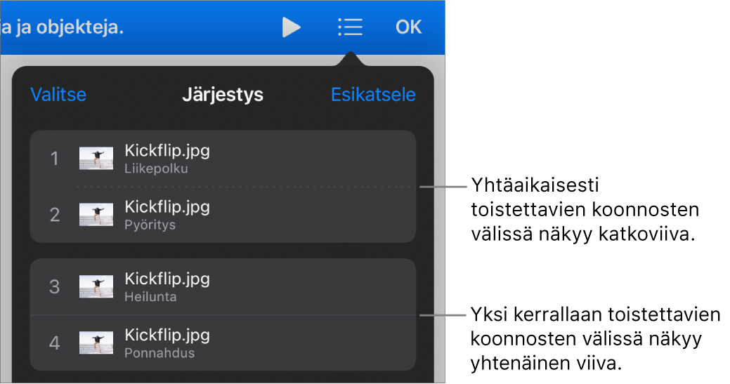 Koonnoksen järjestys -valikko, jossa näkyy katkoviiva samanaikaisesti toistuvien koonnosten välillä ja yhtenäinen viiva yksitellen toistuvien koonnosten välillä.