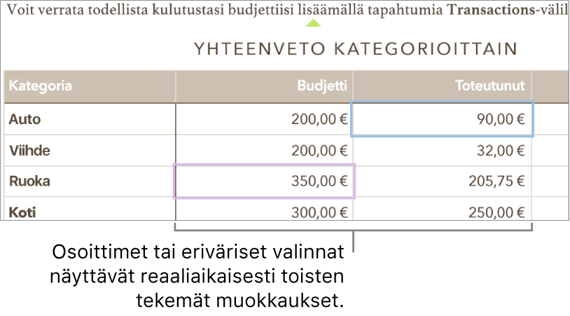 Erivärisiä kohdistimia tai valintoja näkyy kohdissa, joita eri käyttäjät parhaillaan muokkaavat.