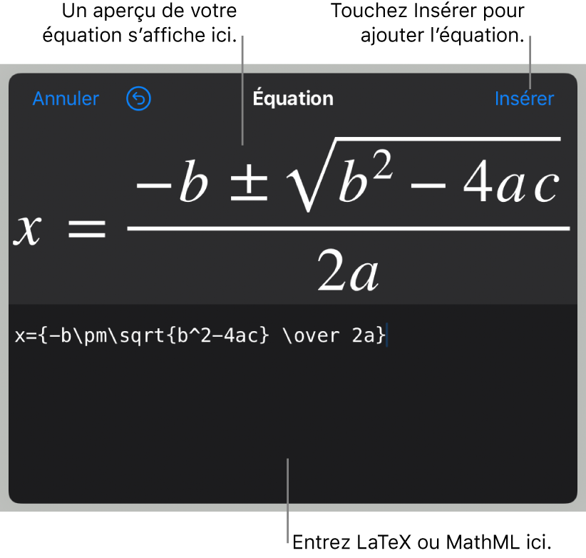 Zone de dialogue Équation, affichant la formule quadratique composée à l’aide des commandes LaTeX et aperçu de la formule au-dessus.