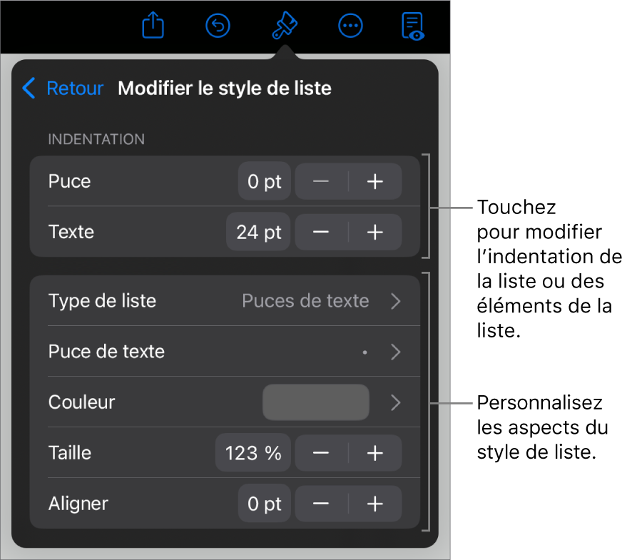 Le menu « Modifier le style de liste » avec des commandes permettant de modifier le type et l’apparence de la liste.