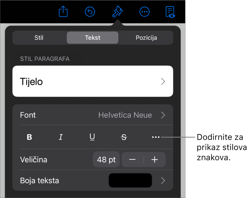 Kontrole opcije Formatiraj sa stilovima paragrafa pri vrhu, zatim kontrole Fonta. Ispod su tipke opcija teksta Podebljano, Kurziv, Podcrtavanje, Precrtavanje i Više.