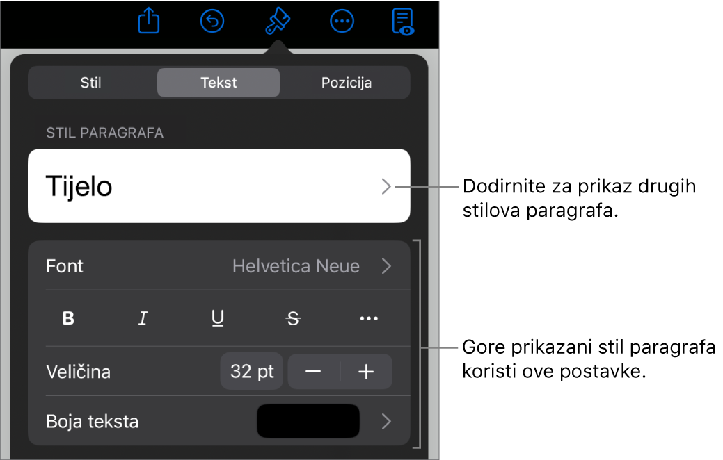 Izbornik Formatiraj s prikazom kontrola teksta za postavljanje paragrafa i stilova paragrafa, fonta, veličine i boje.