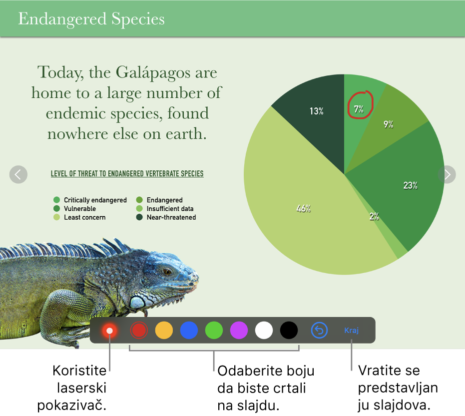 Slajd u režimu crtanja po slajdovima s prikazom laserskog pokazivača i kontrolama za odabir boje.