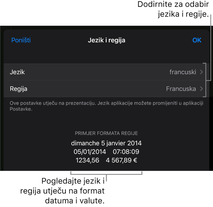 Prozor Jezik i regija s kontrolama za jezik i regiju te primjer formatiranja uključujući datum, vrijeme, decimalu i valutu.