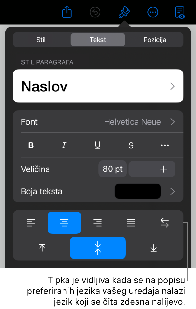 Kontrole teksta na izborniku Formatiraj s oblačićem na tipku Slijeva nadesno.