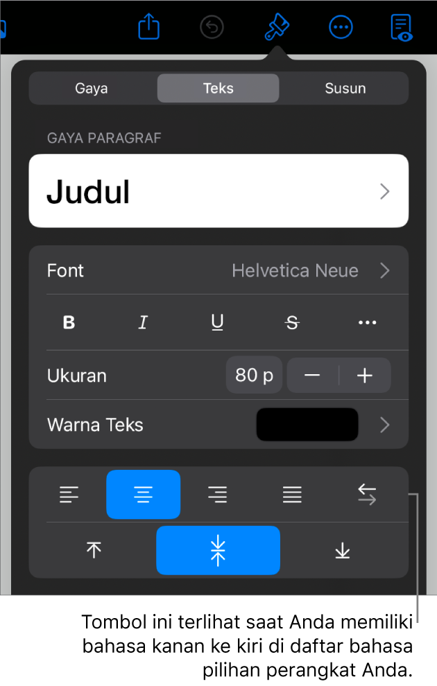 Kontrol teks di menu Format dengan keterangan ke tombol Kiri ke Kanan.