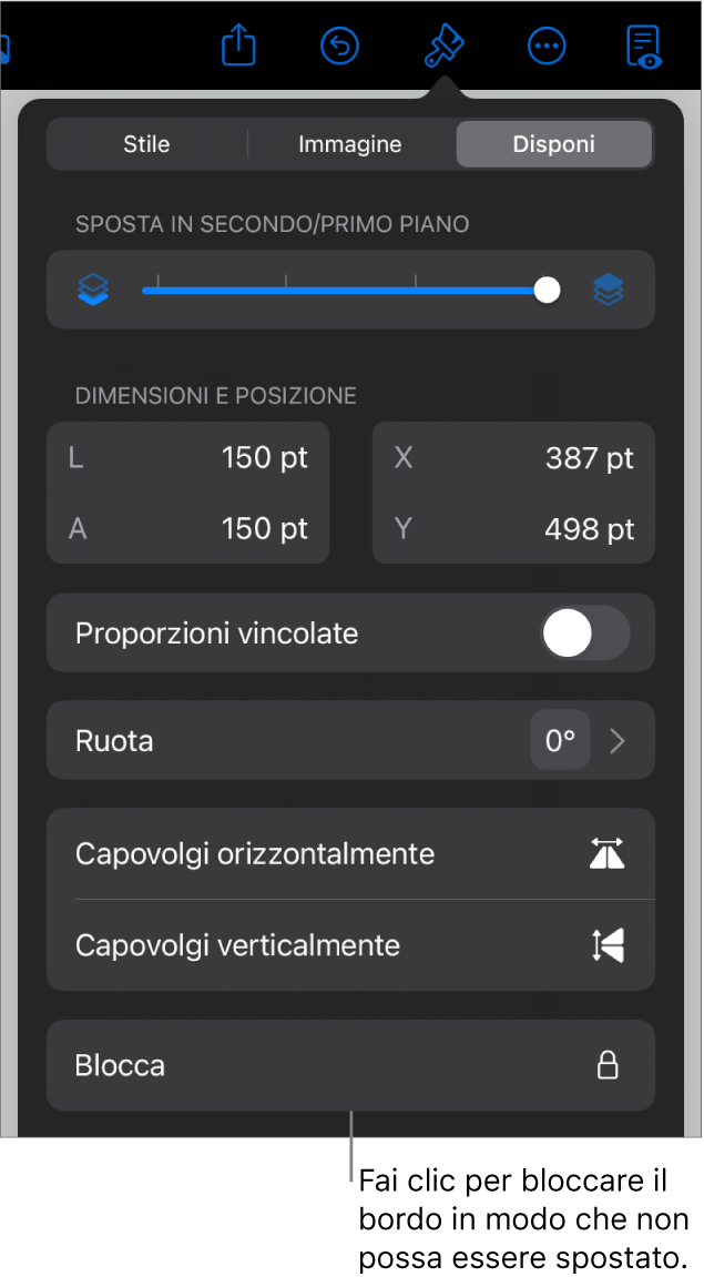 I controlli Disposizione nel menu Formato con il pulsante Blocca visibile.