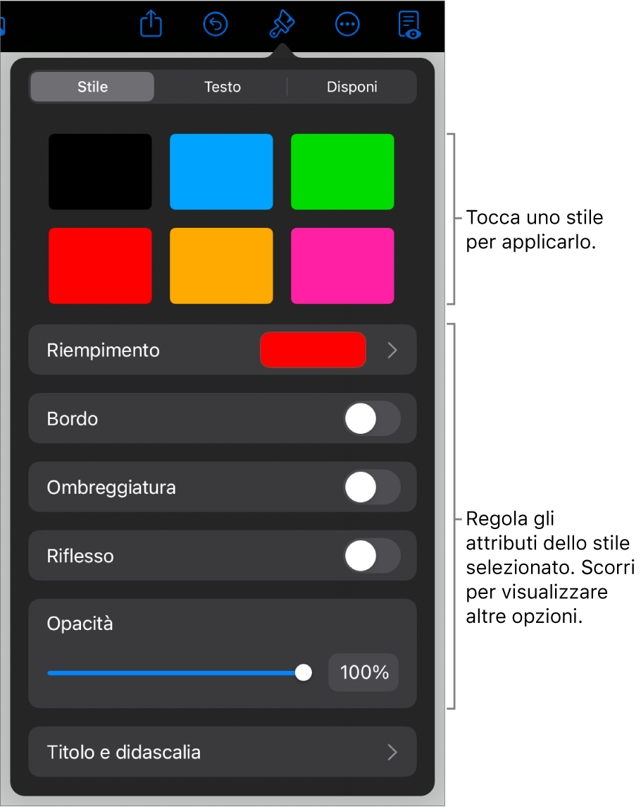 Pannello Stile del menu Formato con gli stili dell'oggetto in alto e un controllo sottostante per cambiare bordo, ombra, riflesso e opacità.