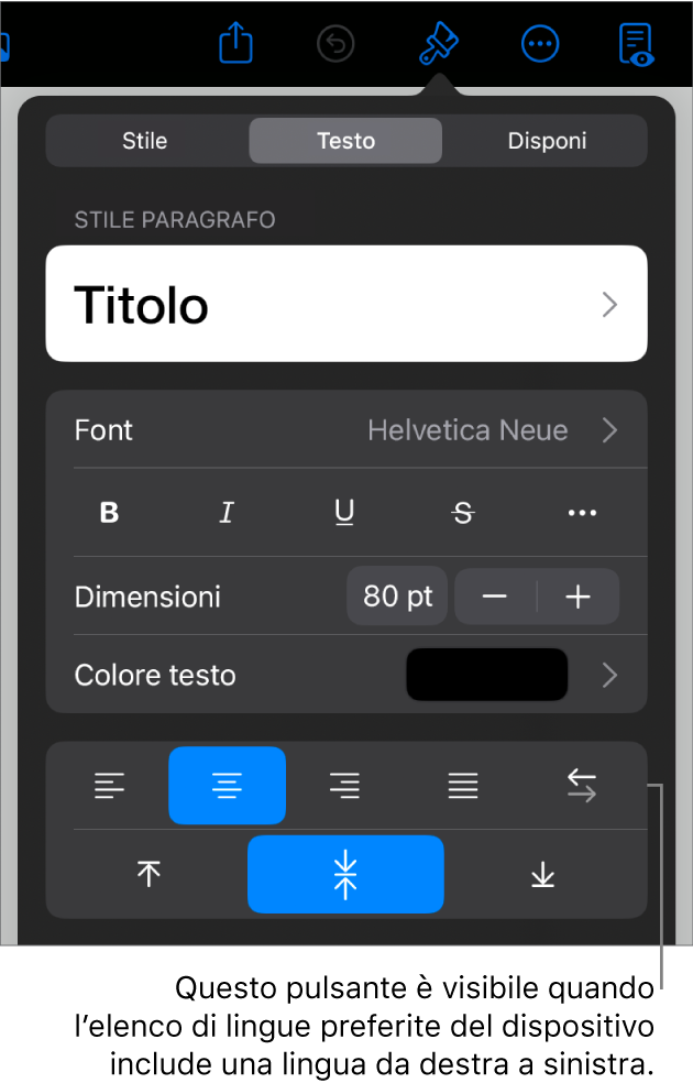 Controlli del testo nel menu Formato con una didascalia per il pulsante “Da sinistra a destra”.