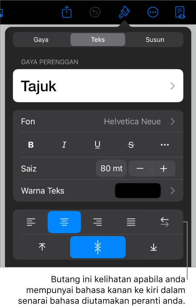 Kawalan teks dalam menu Format dengan petak bual ke butang Kiri ke Kanan.