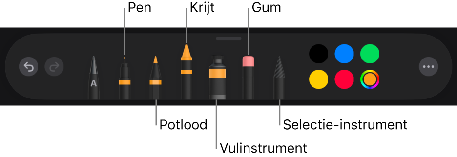 De knoppenbalk voor tekenen met een pen, potlood, krijt, vulinstrument, gum en selectie-instrument en een kleurenvak met de huidige kleur.
