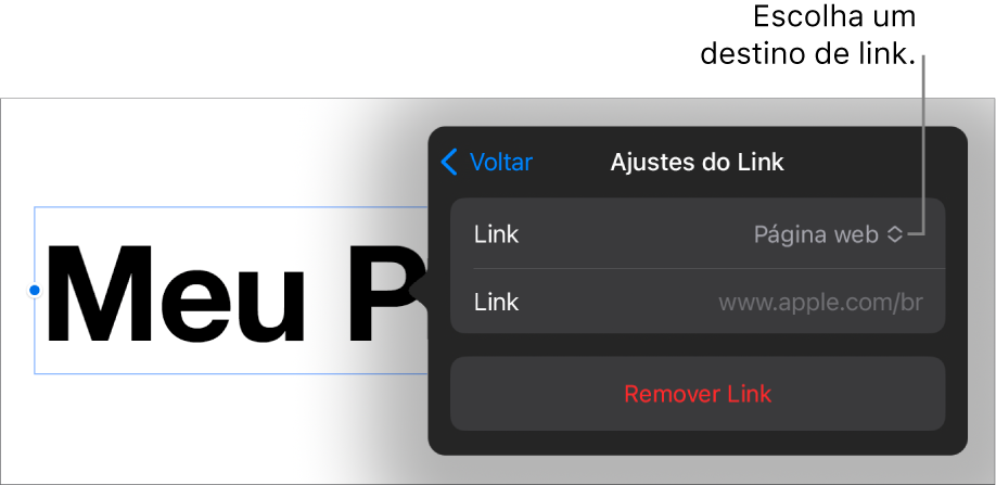 Controles de “Ajustes do Link” com “Página Web” selecionado e o botão “Remover Link” na parte inferior.
