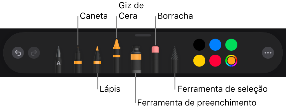 Barra de ferramentas de desenho com caneta, lápis, giz de cera, ferramenta de preenchimento, borracha, ferramenta de seleção e quadro de cores mostrando a cor atual.