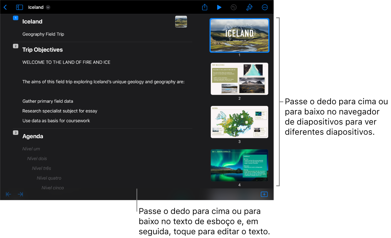 A vista de esboço com um texto de esboço de uma apresentação no lado esquerdo do ecrã e o navegador de diapositivos vertical no lado direito.