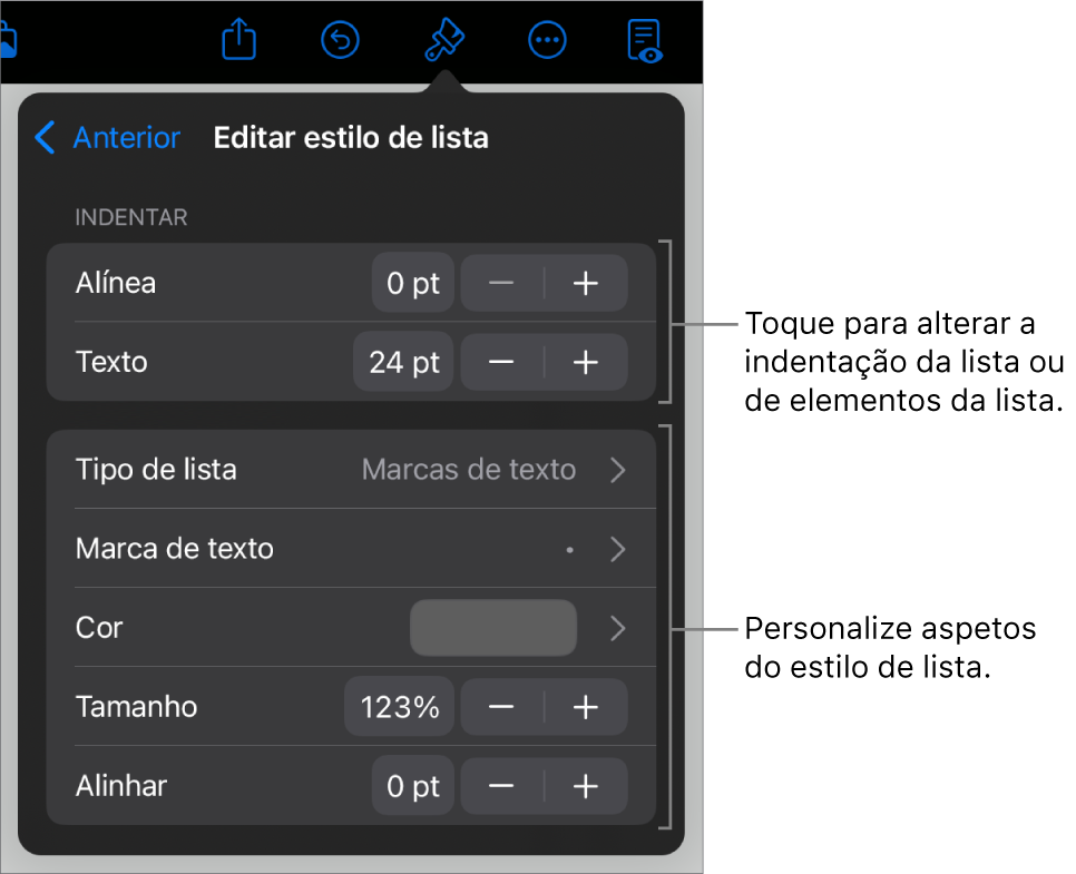 O menu “Editar estilo de lista” com controlos para edição do tipo e aspeto da lista.