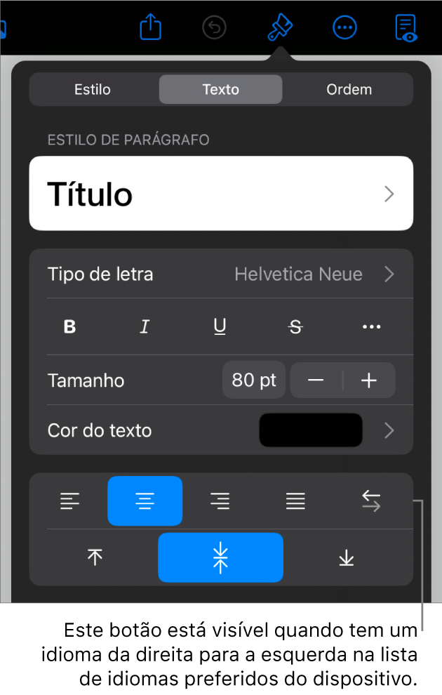 Controlos de texto no menu Formatação com uma chamada para o botão Da esquerda para a direita.