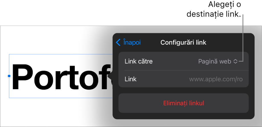 Comenzile Configurări link cu opțiunea Pagină web selectată și butonul Elimină linkul în partea de jos.