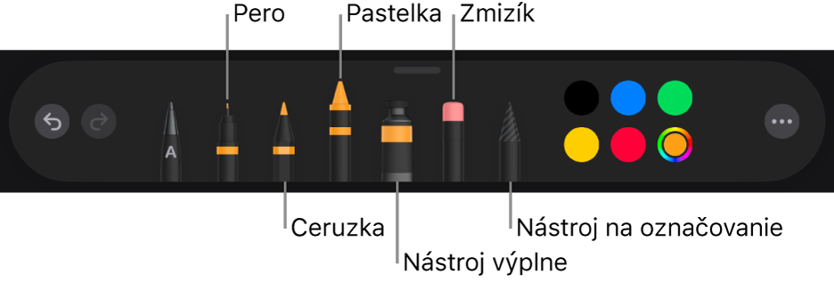 Panel s nástrojmi kreslenia s perom, ceruzkou, pastelkou, výplňou, zmizíkom, nástrojom výberu a vzorkovníkom farieb zobrazujúcim aktuálnu farbu.