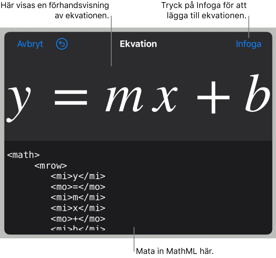 MathML-koden för en ekvation för en linjes lutning och en förhandsvisning av formeln nedanför.