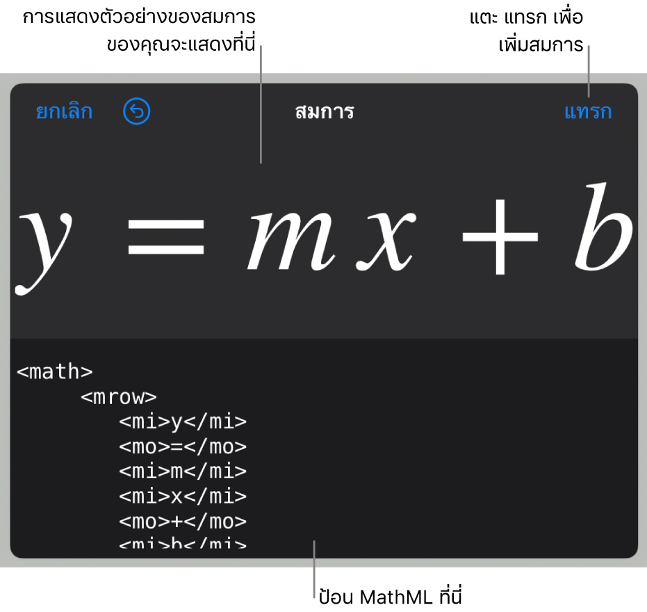 รหัส MathML ของสมการสำหรับความชันของเส้น และการแสดงตัวอย่างของสูตรด้านบน