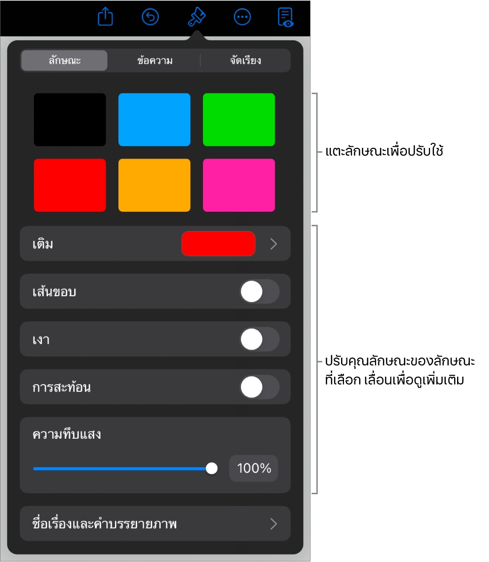 แถบลักษณะของเมนูรูปแบบที่มีลักษณะวัตถุอยู่ด้านบนสุดและตัวควบคุมสำหรับเปลี่ยนเส้นขอบ เงา การสะท้อน และความทึบ อยู่ด้านล่าง