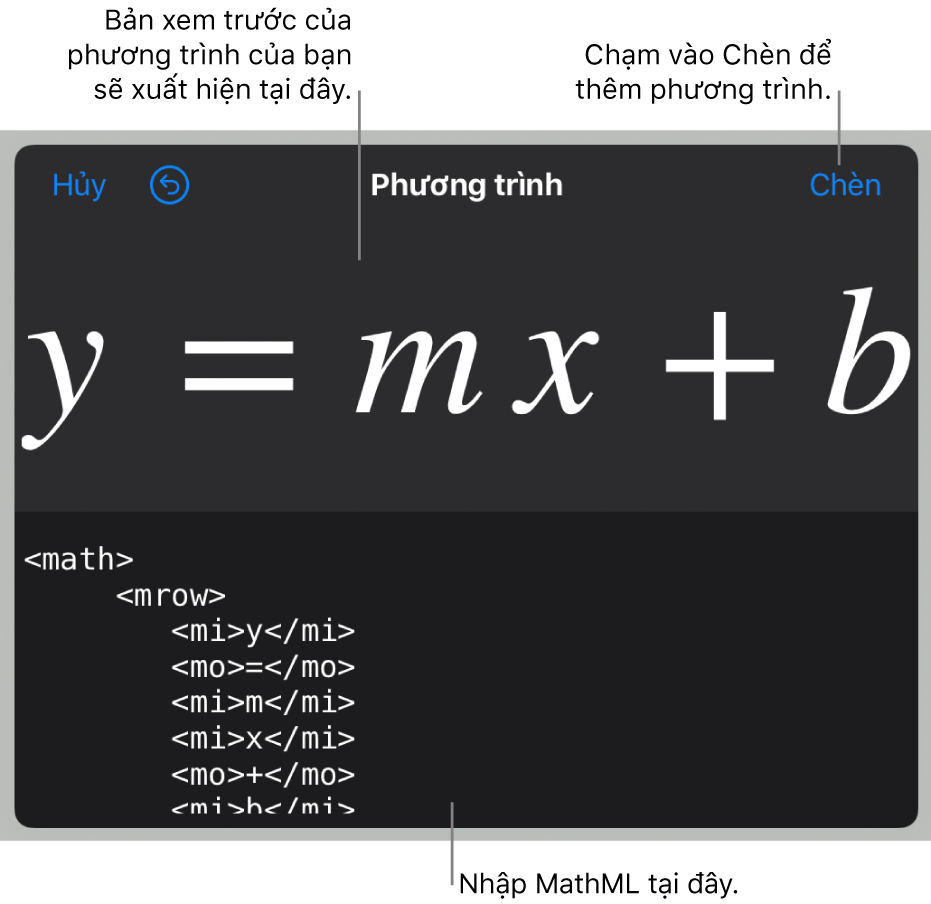 Mã MathML cho phương trình tính độ dốc của một đường và bản xem trước của công thức ở bên trên.
