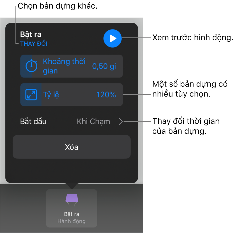Các tùy chọn bản dựng bao gồm Thời lượng và Định thời gian bắt đầu. Chạm vào Thay đổi để chọn bản dựng khác hoặc chạm vào Xem trước để xem trước bản dựng.
