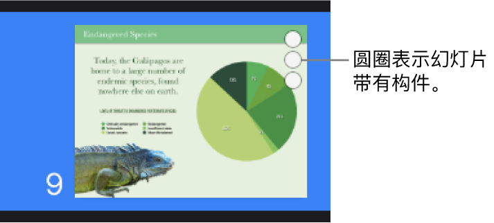 幻灯片右上角有三个圆圈表示该幻灯片带有构件。