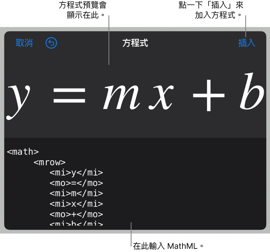 用於計算線斜率的方程式之 MathML 程式碼，上方顯示公式預覽。