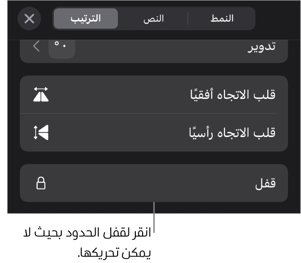 عناصر التحكم في الترتيب في قائمة التنسيق مع وضع وسيلة شرح على زر القفل.