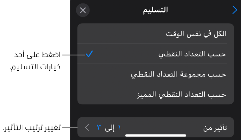 خيارات التسليم في جزء تأثير الدخول.