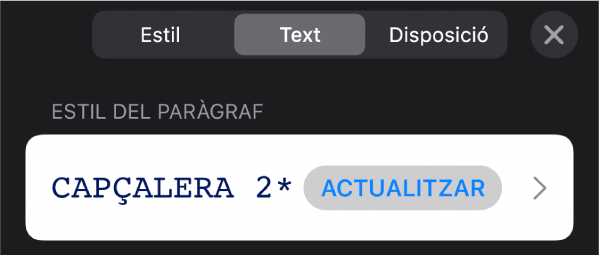 Un estil de paràgraf amb un asterisc al costat i un botó Actualitzar a la dreta.