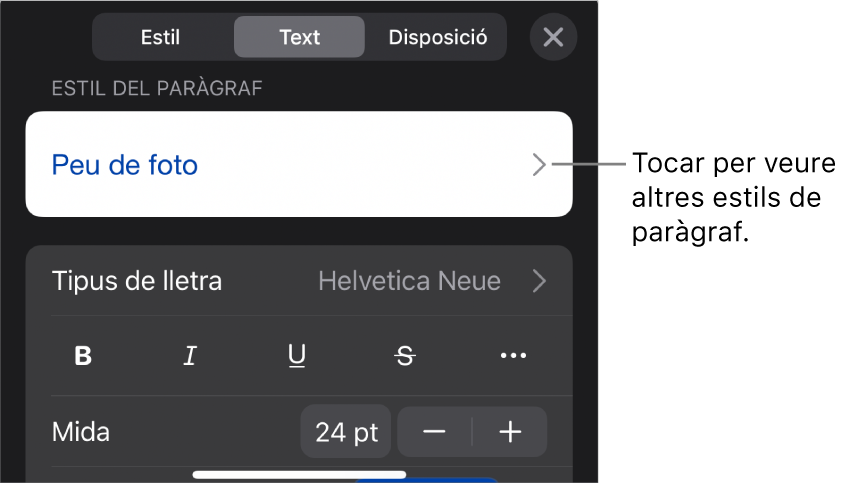 El menú Format amb els controls de text per definir els estils de paràgraf i de caràcter, el tipus de lletra, la mida i el color.