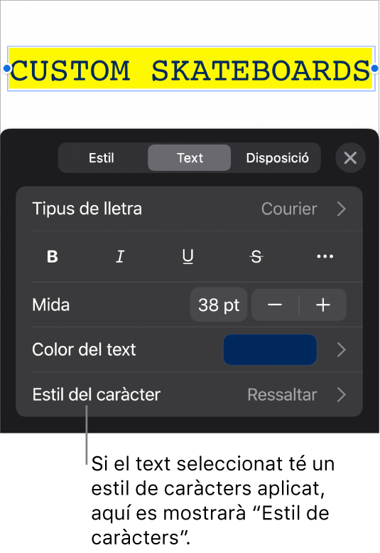 Els controls de format de text amb l’estil de caràcter a sota dels controls de color. L’estil de caràcter Cap amb un asterisc.