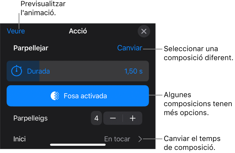 Les composicions d’entrada tenen les opcions Durada i “Temporització d’inici”. Toca Canviar per seleccionar una entrada diferent, o toca Previsualitzar per previsualitzar la composició.