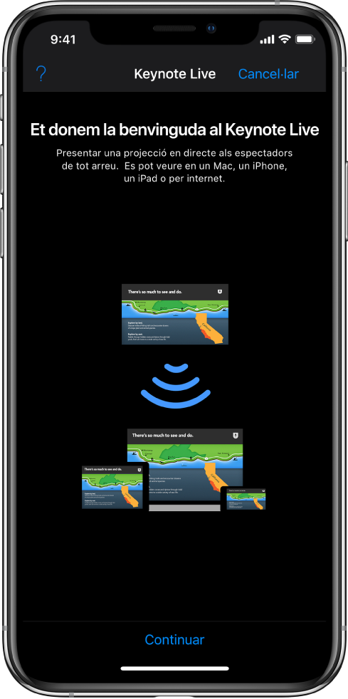 Una finestra que presenta el Keynote Live amb el botó Continuar a la part inferior.
