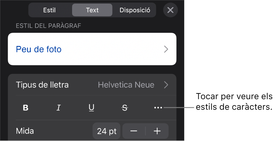 Els controls de Format amb estils de paràgraf a la part superior i, després, els controls de “Tipus de lletra”. A sota de “Tipus de lletra” hi ha els botons Negreta, Cursiva, Subratllat, Ratllat i “Més opcions de text”.